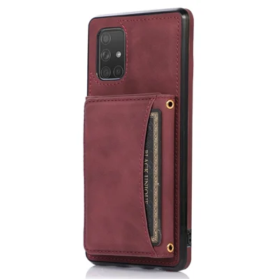 Voor Samsung Galaxy A51 4G SM-A515 Magnetische Knop Tri-fold Portemonnee Hoesje met Steun in PU Leer Gecoate TPU Cover - Wijnrood