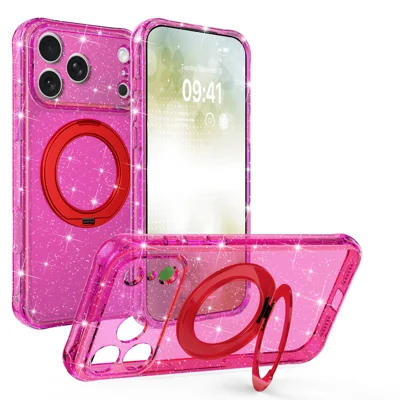 For iPhone 18 Pro Max / 17 Pro Max Case Rotating Magnetic Kickstand Glitter Shockproof PC + TPU Phone Back Cover - Fantasy Rose