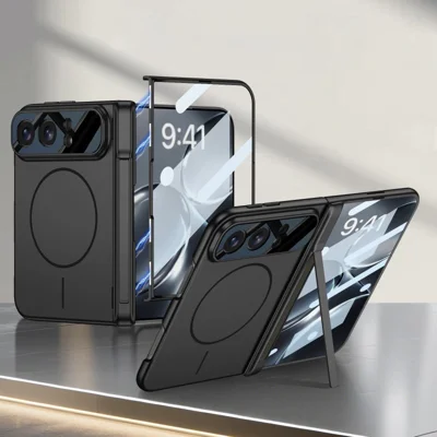 For iPhone Duo Magnetic Case Built-in Front Screen Protector Hidden Kickstand Hinge Protection Skin Touch Matte Shockproof PC Phone Cover - Cool Black