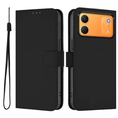  For TECNO Spark 50C 4G Case Solid Color Wallet Leather Phone Cover with Strap - Black