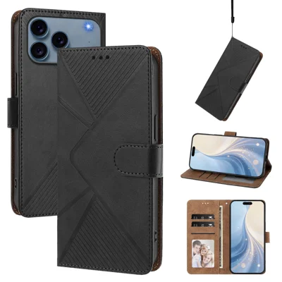 Cover in Pelle per iPhone 18 Pro Max con Chiusura Magnetica, Portafoglio, Supporto, Motivo a W, Cover a Libro con Tracolla da Polso - Nero
