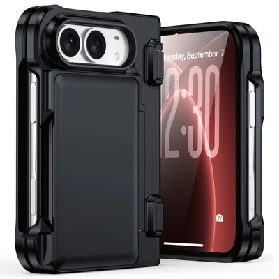 For iPhone Duo Case Card Holder Full Hinge Protection PC + TPU Phone Cover Built-in Tempered Glass Screen Protector - Black