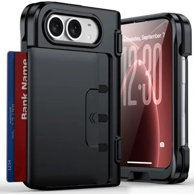 For iPhone Duo Case Sliding Card Holder Hinge Protection PC + TPU Phone Cover Built-in Tempered Glass Front Screen Film - Black