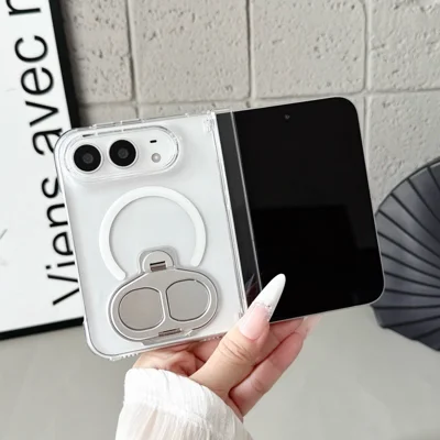 For iPhone Duo Magnetic Case Foldable Kickstand Crystal Clear PC Shockproof Folding Phone Cover - Silver