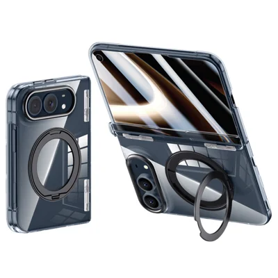 For iPhone Duo Case med HD Clear Skærmbeskytter Rotationsstativ Stødfast PC Telefonbeskyttelse - Sort