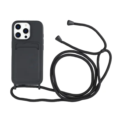 For iPhone 16 Pro Max Liquid Silicone Card Slot Cover Anti Scratch Protection Phone Case with Strap - Black