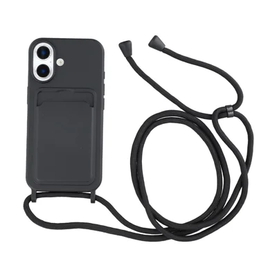 For iPhone 16 Liquid Silicone Card Slot Cover Anti Scratch Protection Phone Case with Strap - Black