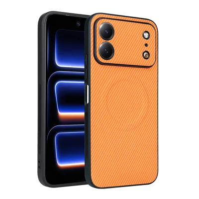 Coque pour TECNO Spark 50C 4G, motif fibre de carbone, revêtement en cuir PU, coque en TPU et PC, avec anneau métallique pour support magnétique de voiture - Orange