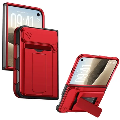 For iPhone Duo Case Lens Protection Kickstand PC + TPU Phone Cover with Card Holder - Red