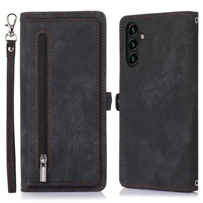 For Samsung Galaxy A14 5G / A14 4G Zipper Pocket 9 Card Slots PU Leather Case Phone Stand Wallet Cover with Wrist Strap - Black