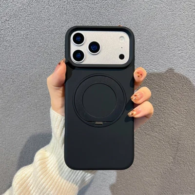 For iPhone 18 Pro / 17 Pro Case Rotating Kickstand Liquid Silicone + PC Phone Cover - Sort