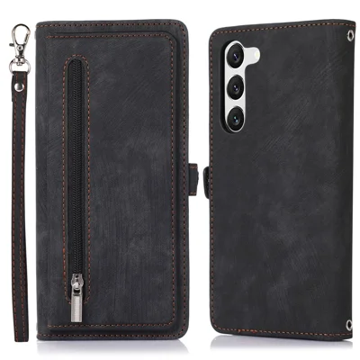 For Samsung Galaxy S23 Zipper Pocket Wallet 9 Card Slots Multifunctional Phone Case PU Leather Stand Phone Cover with Wrist Strap - Black
