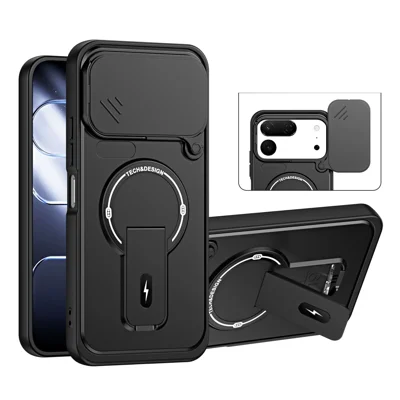 Cover per TECNO Spark 50 Pro 4G con Coperchio Scorrevole per Fotocamera, Supporto Integrato, Protezione Antiurto in PC + TPU, Finitura Opaca - Nero