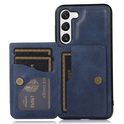 For Samsung Galaxy S23 Card Slots PU Leather Coated TPU Case Kickstand Phone Cover with Car Mount Metal Sheet - Blue