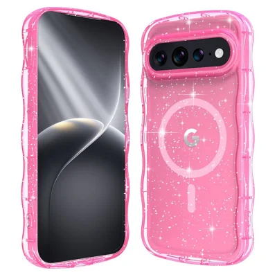Magnetic Case for Google Pixel 11 Pro XL / Pixel 10 Pro XL / Pixel 9 Pro XL , Wave Edge Glitter TPU Phone Back Cover - Transparent Pink