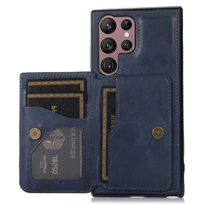 For Samsung Galaxy S23 Ultra PU Leather Coated TPU Case Card Holder Kickstand Anti-Drop Phone Cover with Car Mount Metal Sheet - Blue