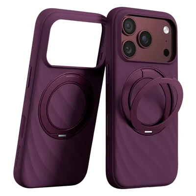 لـ iPhone 18 Pro Max / 17 Pro Max غطاء بتصميم موجة من السيليكون السائل مع حامل مغناطيسي وبطانة من الألياف الدقيقة وغطاء مضاد للصدمات - لون كرز داكن