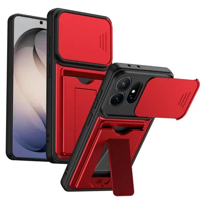 For Samsung Galaxy S27 Ultra Case Lens Protection Kickstand PC + TPU Phone Cover with Card Holder - Red