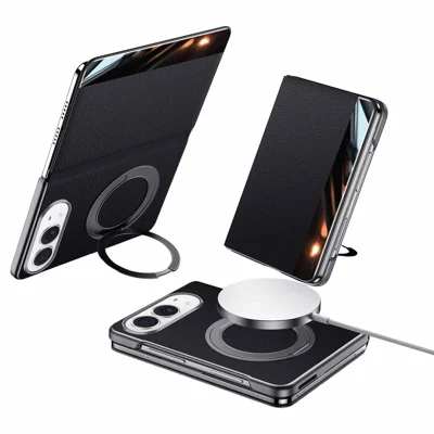 SULADA لجهاز Apple iPhone Duo غطاء مغناطيسي بحامل من جلد البقر الطبيعي مع فتحة لوضع البطاقات - أسود