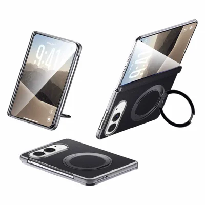 For iPhone Duo Magnetic Case Genuine Cow Leather + PC Kickstand Phone Cover - Black