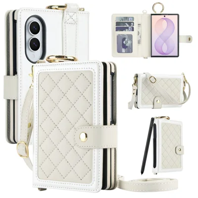 For Samsung Galaxy Z Fold8 Case Quilted Design Ring Holder Leather Wallet Phone Cover with Shoulder Strap - Beige