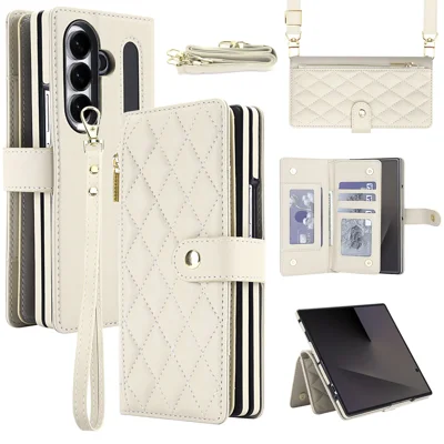 For Samsung Galaxy Z Fold8 Ultra Case RFID Blocking Wallet Rhombus Leather Phone Cover with 1.5m Crossbody Strap and Hand Strap - Beige