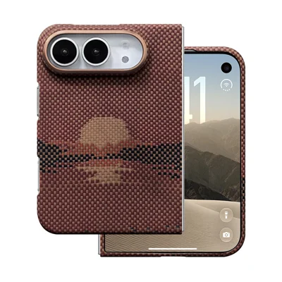 For iPhone Duo Magnetic Case Aramid Fiber Phone Cover with Metal Lens Frame / Front Frame - Sun Red
