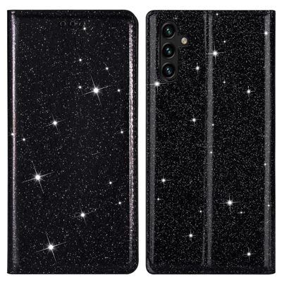 Für Samsung Galaxy A34 5G Glitter PU-Leder Slim Handyhülle mit Kartenfach, Ständer, magnetischer Absorption und stoßfester Abdeckung - Schwarz
