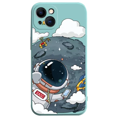 Drop-proof Phone Case for iPhone 14 Plus Astronaut Pattern Printing TPU Cover Shockproof Phone Protector - Light Green
