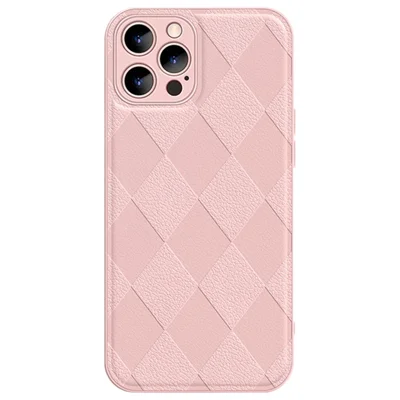 For iPhone 14 Pro Max Shockproof Rhombus Imprinted PU Leather Coated PC+TPU Phone Cover Back Shell - Pink