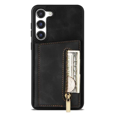 For Samsung Galaxy S23+ Zipper Pocket PU Leather Coated TPU Case Kickstand Wallet Phone Cover - Black
