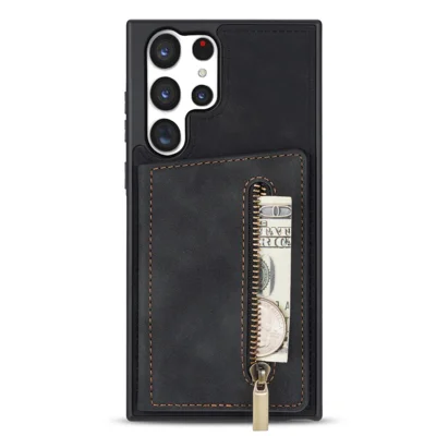 For Samsung Galaxy S23 Ultra Zipper Pocket Wallet Phone Case PU Leather Coated TPU Kickstand Back Cover - Black