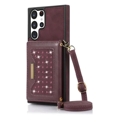 Rhinestone Decor Phone Cover For Samsung Galaxy S23 Ultra, RFID Blocking Anti-shock Phone Case PU Leather + TPU Shell with Lanyard - Red