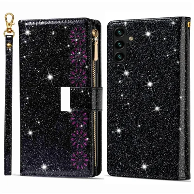 Anti-fall Phone Case For Samsung Galaxy A54 5G Zipper Wallet Stand Laser Carving Glittery Starry Style PU Leather Flip Phone Cover with Strap - Black