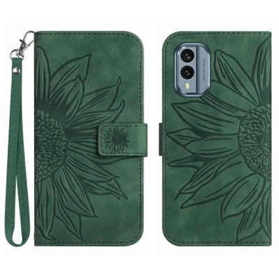 Phone Wallet Case For Nokia X30 5G HT04 Sunflower Imprinted Stand Skin-Touch Feeling PU Leather Protective Smartphone Cover with Hand Strap - Dark Green