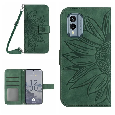 For Nokia X30 5G HT04 Skin-touch Full Protection Sunflower Imprinted Phone Cover Flip Leather Wallet Case Stand with Shoulder Strap - Dark Green