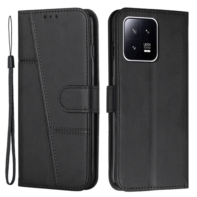Für Xiaomi 13 5G Stitching Line PU Leder Magnetic Clasp Faltbarer Ständer Abdeckung Brieftasche Eingeprägte Linie Telefonhülle - Schwarz