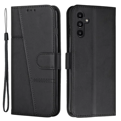 Magnetischer Klappständer-Handyhülle für Samsung Galaxy A34 5G, geprägte Nahtlinie PU-Leder-Brieftaschenhülle mit Gurt - Schwarz