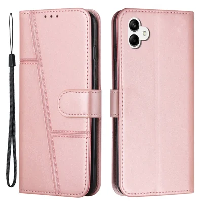 Für Samsung Galaxy A04e 4G / F04 4G / M04 4G Brieftaschen-Handyhülle mit Magnetverschluss, faltbarem Ständer, geprägter Nähtungslinie, PU-Lederbezug mit Strap - Roségold