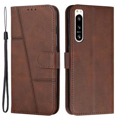 Para Sony Xperia 5 IV 5G Curo de Magnético Soporte Plegable Costa de Tapa PU Caja de Teléfono de Cuero Con Correa - Marrón