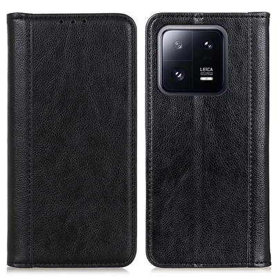 Für Xiaomi 13 5G Litchi-Textur Split Leder Standhülle Magnetisches Auto-absorbiertes Folio Flip Wallet Cover - Schwarz