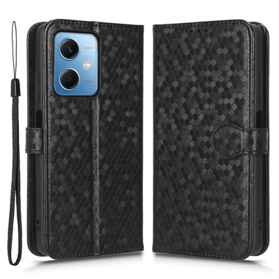 Folia z kieszenią i uchwytem z nadrukiem kropek z odpornością na upadek z paskiem do telefonu Xiaomi Redmi Note 12 5G (Global) / (Indie) / (Chiny) / Poco X5 5G z tworzywa PU i TPU – Czarny