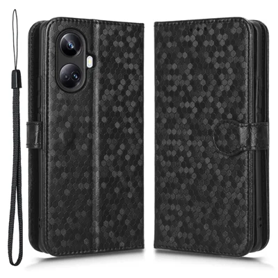 Anti-fall Cell Phone Cover For Realme 10 Pro+ 5G Dot Pattern Imprinted PU Leather Flip Wallet Stand Feature Protective Phone Case with Strap - Black
