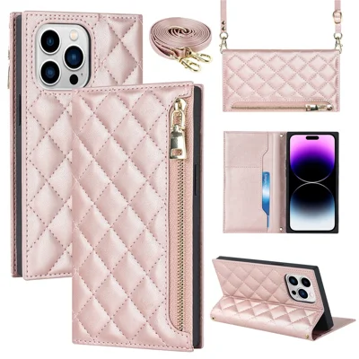 For iPhone 14 Pro Max Imprinted Rhombus Texture PU Leather Zipper Pocket Phone Case Wallet Stand Full Protection Flip Phone Cover with Long Strap - Rose Gold
