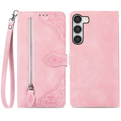 Für Samsung Galaxy S23, Reißverschluss-Maptasche mit Band, Blumenprägung, PU-Leder-Handyhülle - Rosa