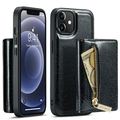 DG.MING M3 Series For iPhone 12 / 12 Pro 6.1 inch 2-in-1 Glittery PU Leather Coated PC+TPU Drop Proof Back Case Kickstand Design Magnetic Detachable Zipper Wallet Phone Cover - Black