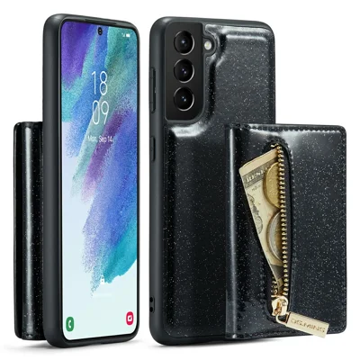 DG.MING M3 Series For Samsung Galaxy S21 FE 5G Magnetic Detachable Design Glitter Bling Powder PU Leather Cover PC+TPU Zipper Pocket Wallet Kickstand Phone Case - Black