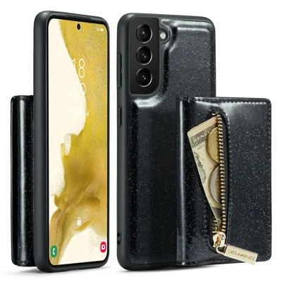 DG.MING M3 Series For Samsung Galaxy S22 5G Glittery PU Leather Coated PC+TPU Wallet Case Magnetic Detachable Kickstand Zipper Pocket Phone Cover - Black