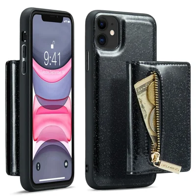 DG.MING M3 Series For iPhone 11 6.1 inch Zipper Pocket Magnetic Detachable 2-in-1 Phone Cover Glitter PU Leather Coated PC+TPU Kickstand Wallet Case - Black