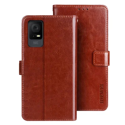 IDEWEI For TCL 405 Crazy Horse Texture PU Leather + TPU Phone Case Stand Wallet Shockproof Cover - Brown